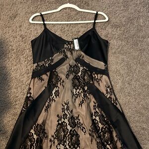 Lace-Overlay Black and Nude Evening Dress